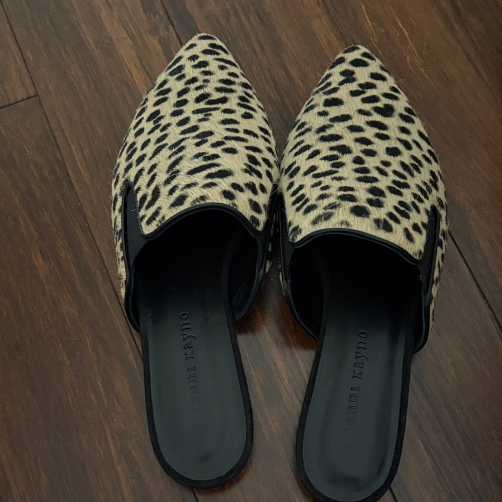 Jenni Kayne Hair Calf Black and Cream Animal Print Mules
